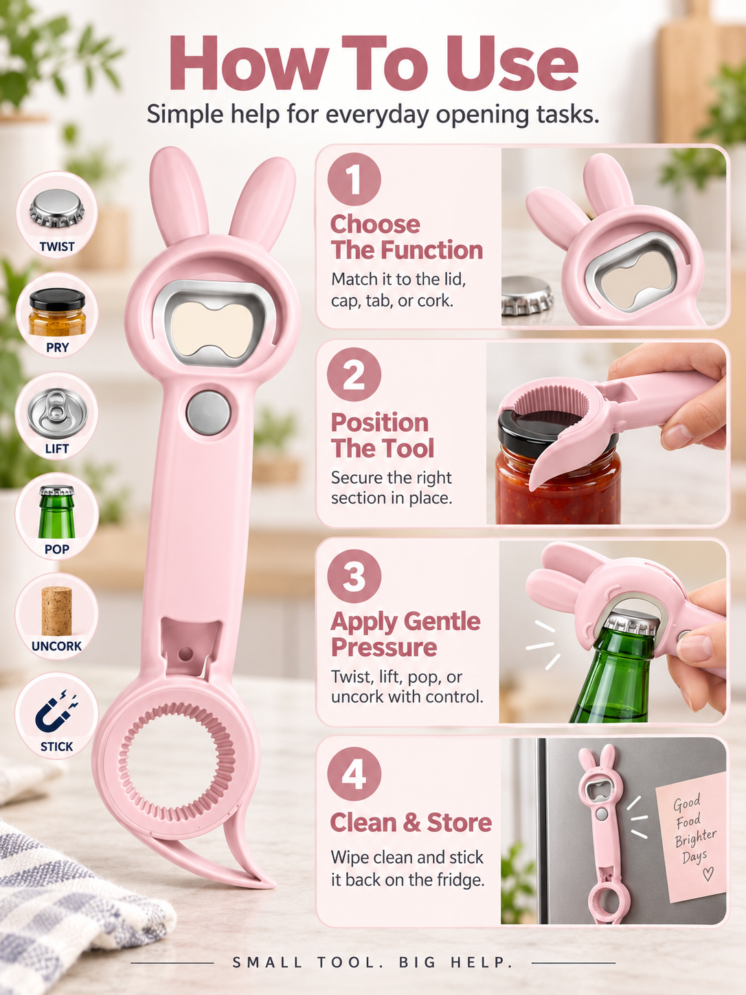 5-in-1 Magnetic Rabbit Kitchen Opener Jar, Bottle, Can & Wine Helper
