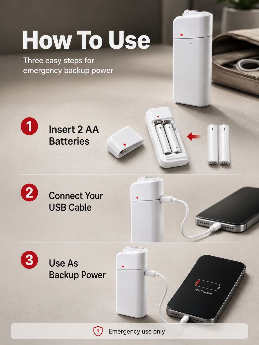 Emergency Phone Charger AA Battery Powered USB Backup with LED Flashlight