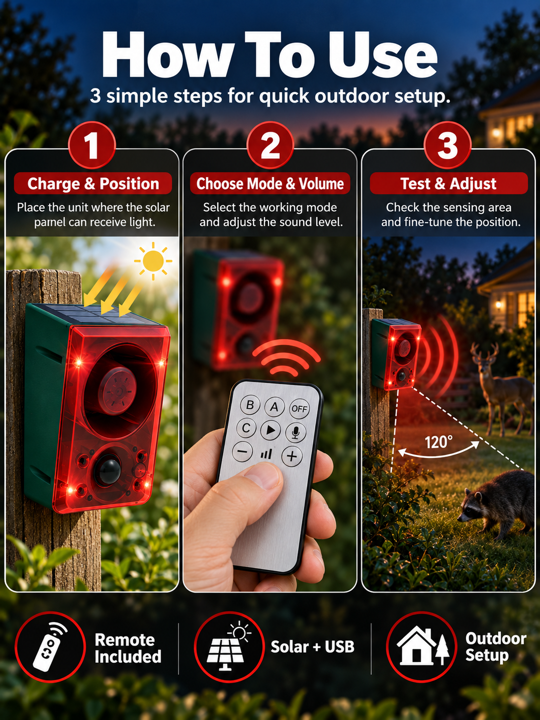 Solar-Powered Outdoor Motion Alarm Remote-Controlled Farm & Garden Security Siren