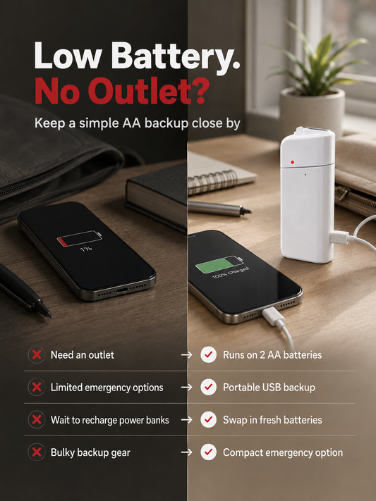 Emergency Phone Charger AA Battery Powered USB Backup with LED Flashlight