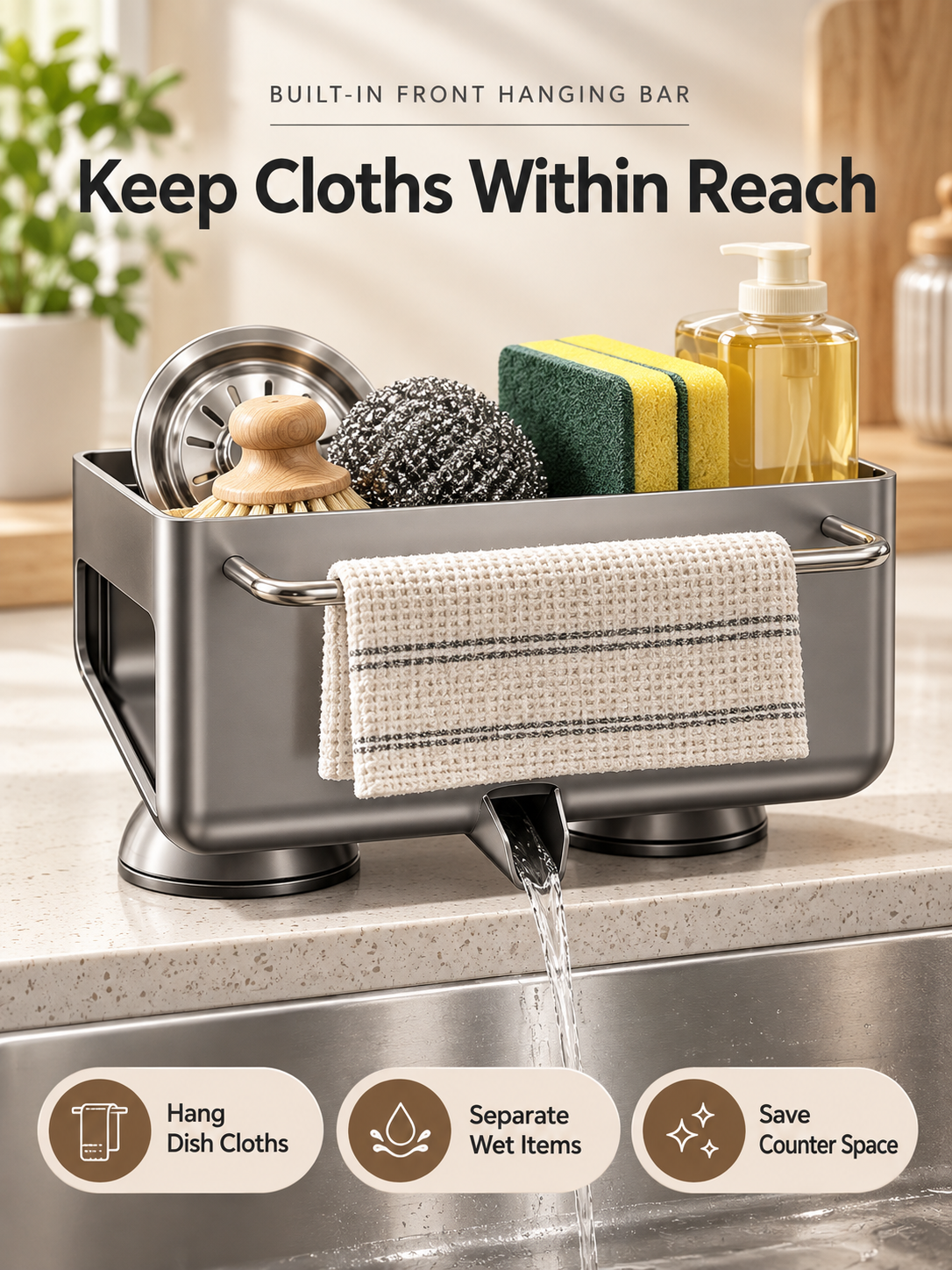 Auto-Draining Sink Sponge Holder No-Drill Suction Cup Kitchen Organizer