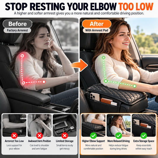 Car Center Console Armrest Riser Padded Cushion with Side Storage & Non-Slip Base