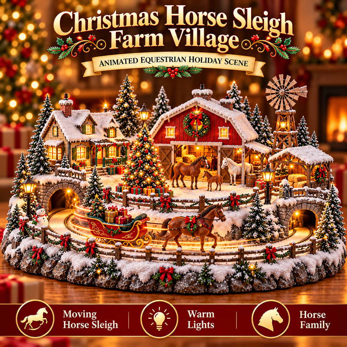 Highland Cow Christmas Farm Village Animated Holiday Scene