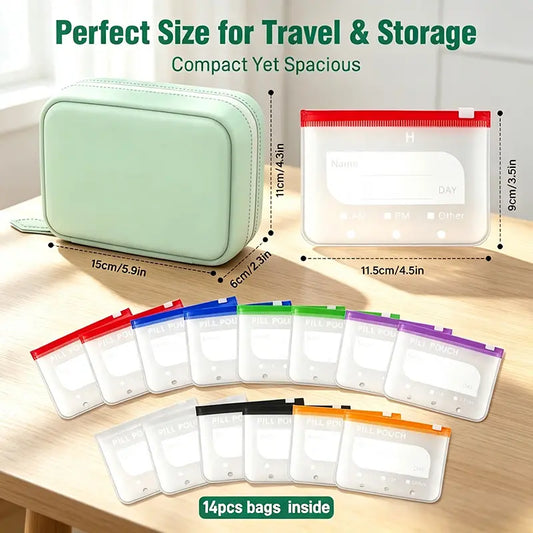 Waterproof A8 Pill Pouch Set, 14 Reusable Zippered Pill Bags