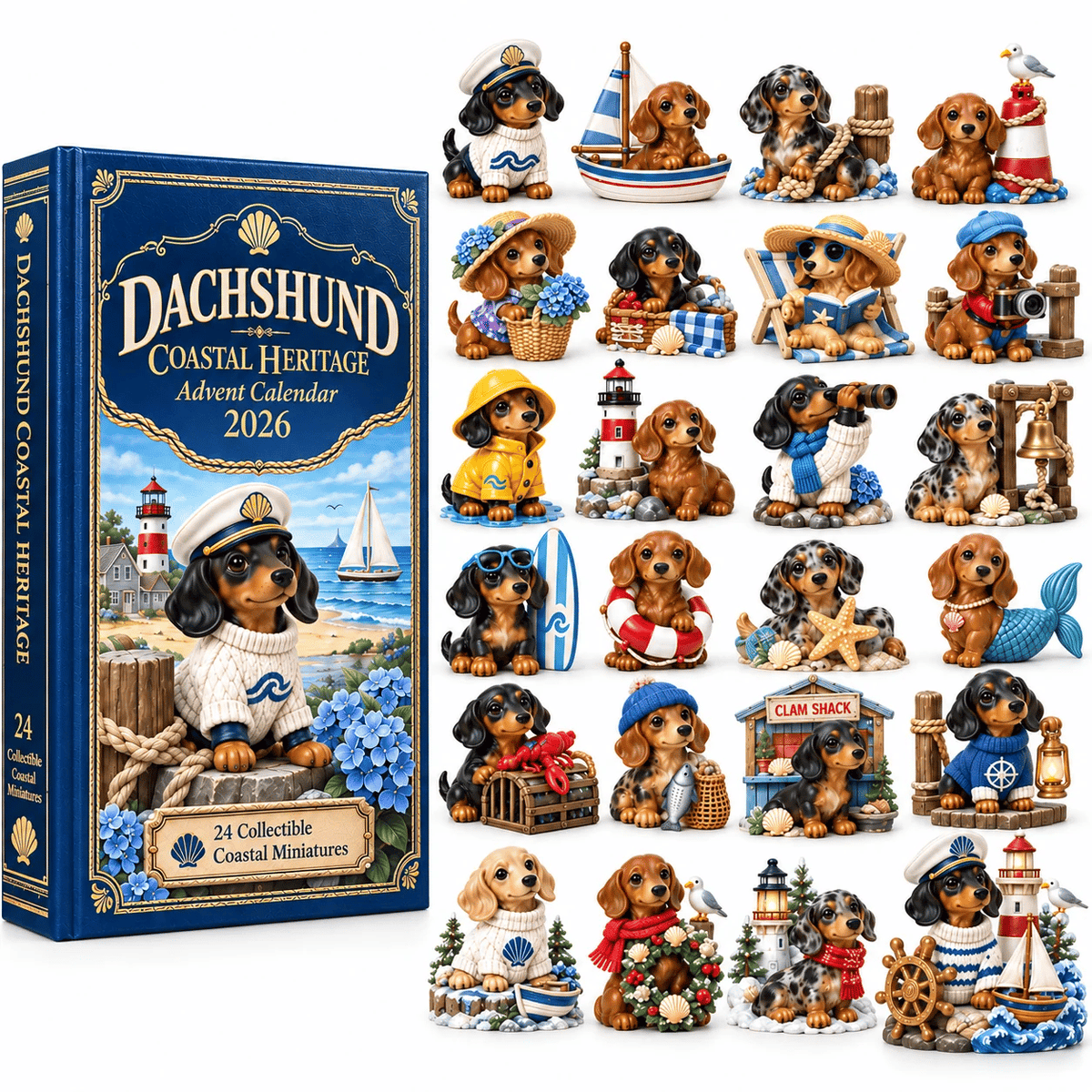 24 Days of Dachshund Coastal Christmas Hand-Painted Miniature Dog Advent Calendar