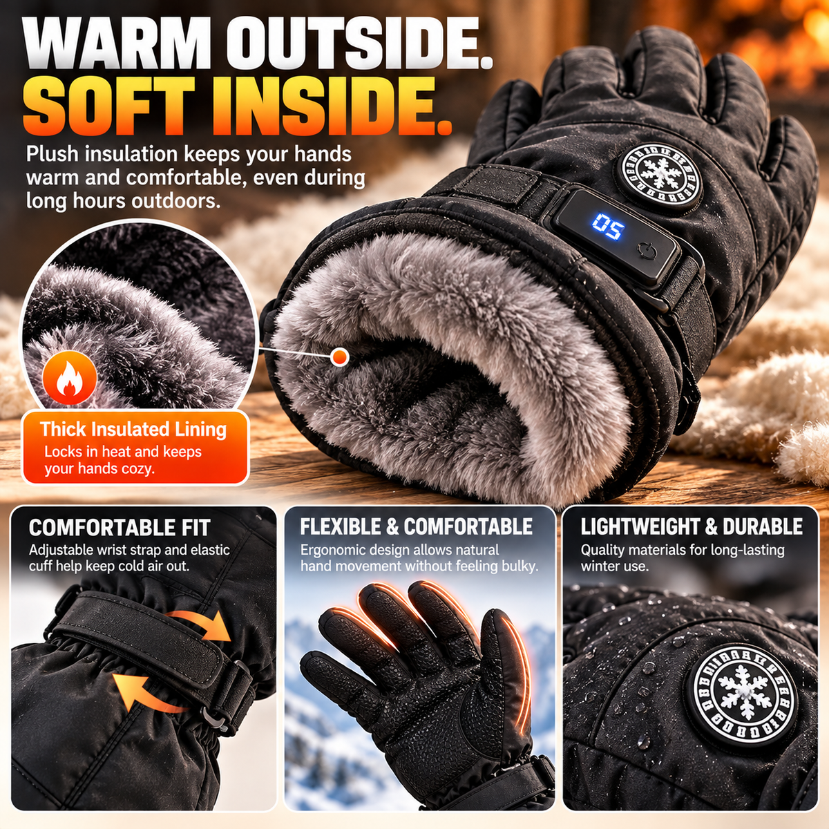 Rechargeable Heated Gloves 3 Heat Settings, Waterproof Touchscreen Winter Gloves