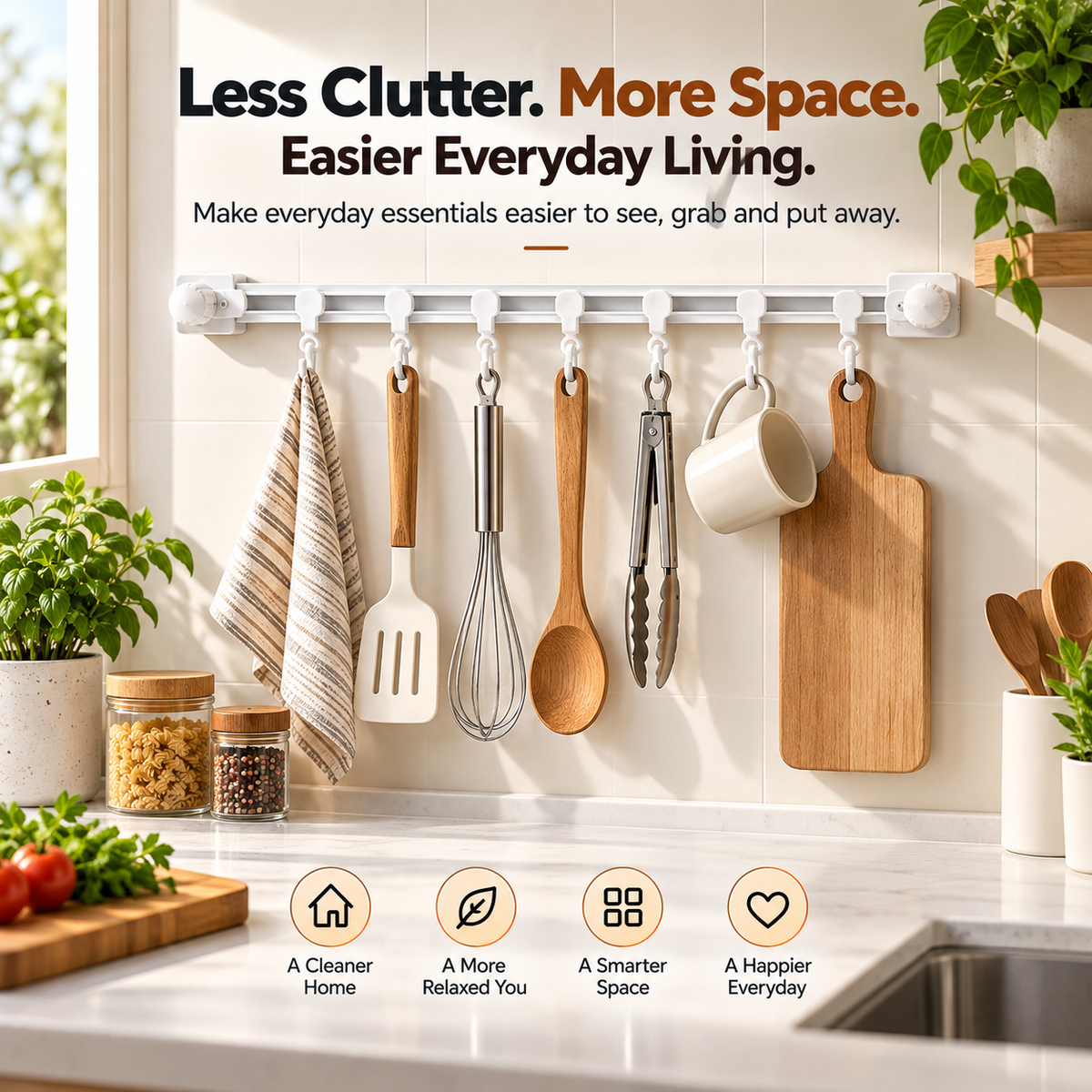 Adjustable Sliding Hook Rail Organizer Space-Saving Multi-Use Storage for Kitchen, Bathroom & Home
