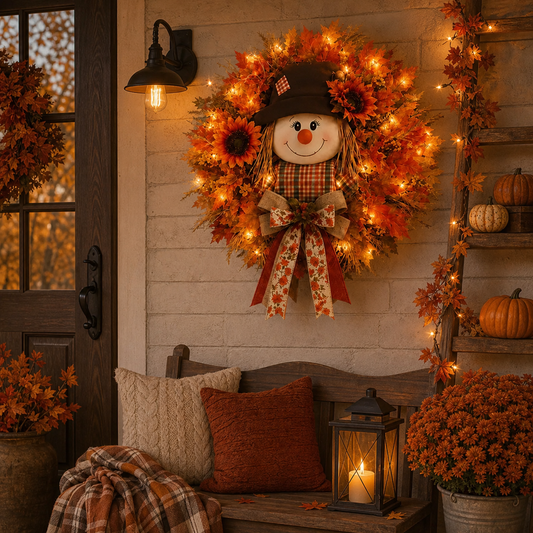 Fall Favorite Lighted Scarecrow Front Door Wreath