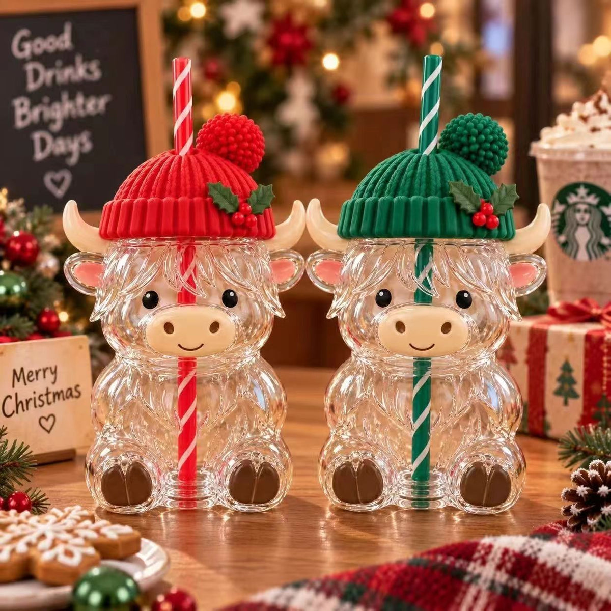 TYIIPLUS Highland Cow Christmas Glass Cup with Straw Cute Holiday Tumbler Gift