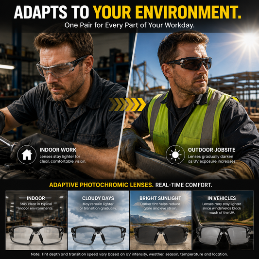 Photochromic Safety Glasses | Auto-Darkening Lens | Indoor & Outdoor Impact Protection