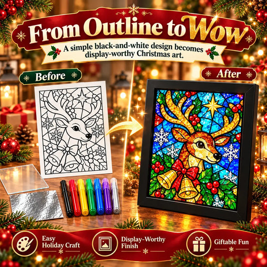 Beginner-Friendly Christmas Stained Glass-Style Frame Kit | 8 Festive Designs with Pens, Foil & Frame
