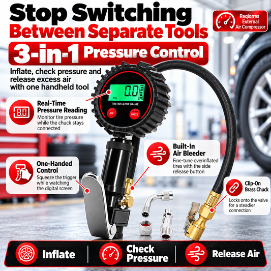 200 PSI Digital Tire Inflator Gauge 3-in-1 Air Chuck, Pressure Gauge & Bleeder