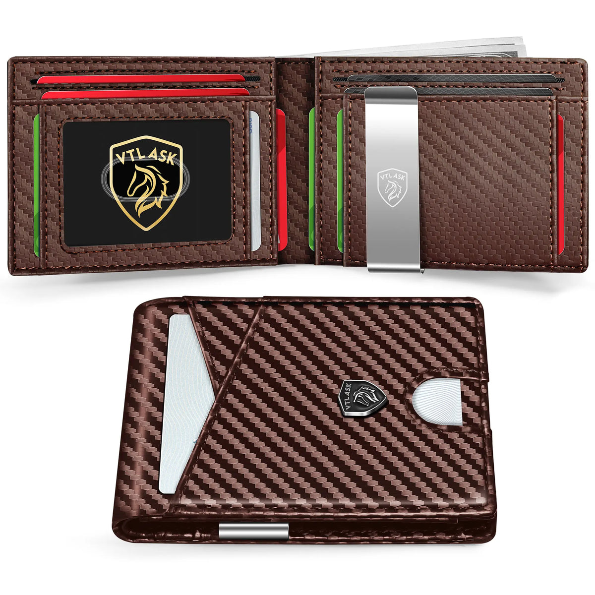 Men's RFID Minimalist Bifold Wallet - 1 ID Window, Pop Up Card Holder, Money Clip