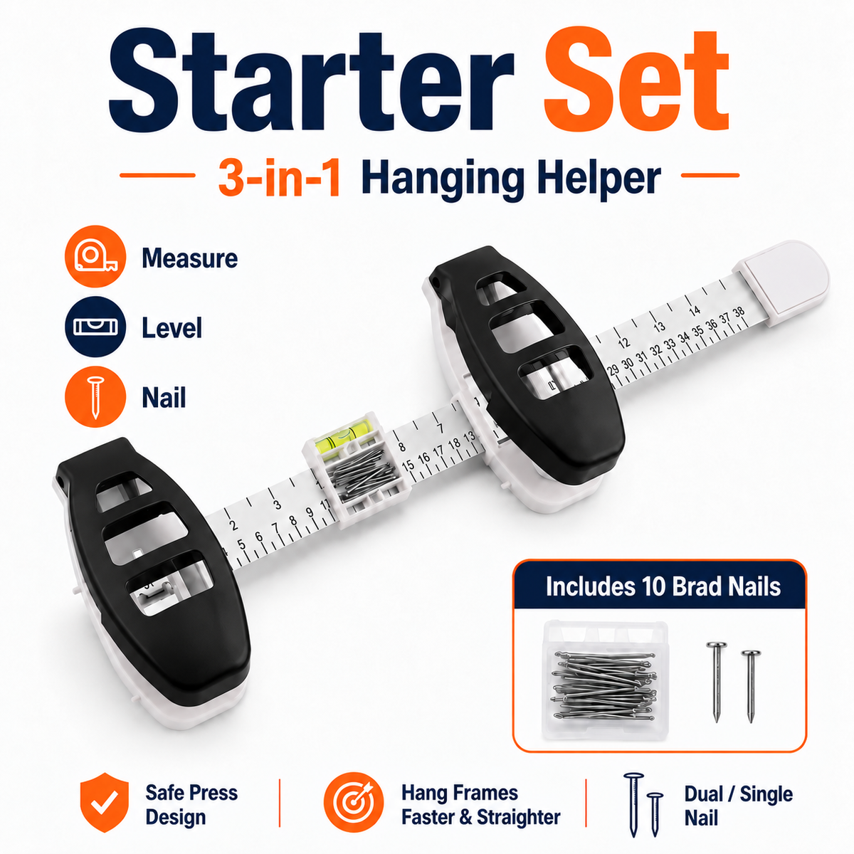 All-in-One Picture Hanging Tool with Level & Dual Nail Positioners