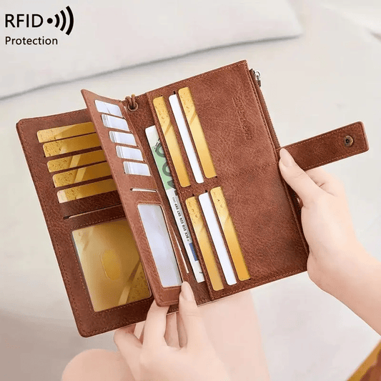 Women's Solid Color RFID Blocking Leather Long Wallet