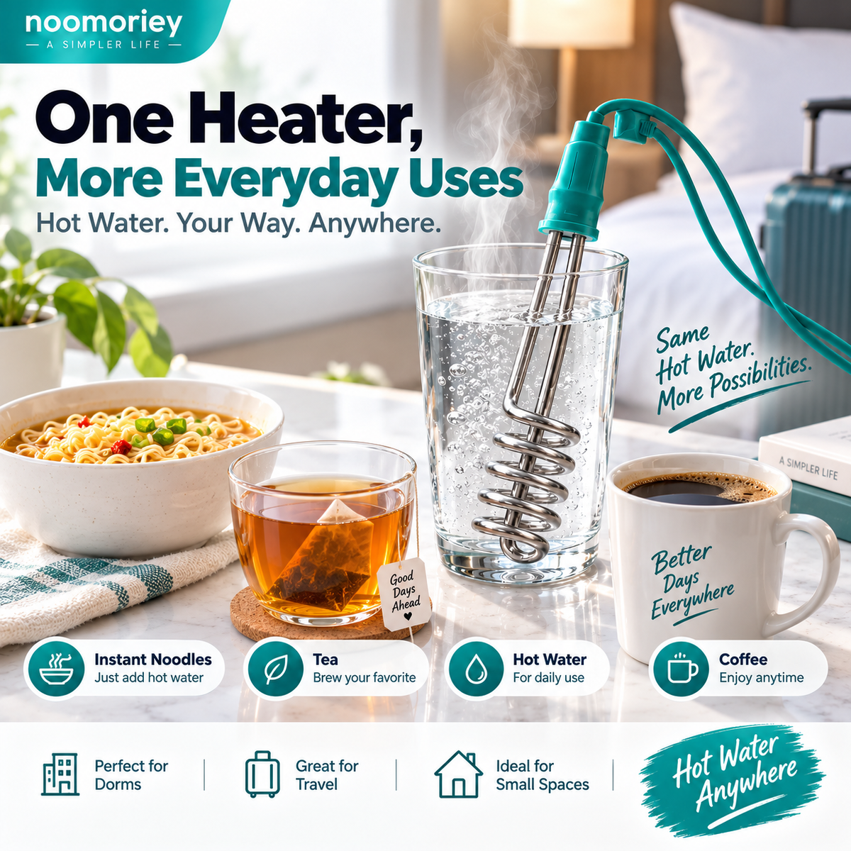 Portable Immersion Water Heater Compact Plug-In Design for Small Spaces