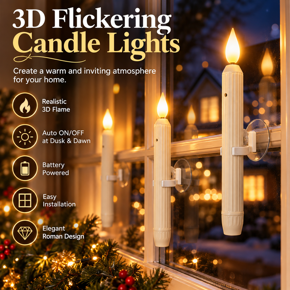 3D Flickering Flameless Window Candle Lights for Cozy Holiday Decor
