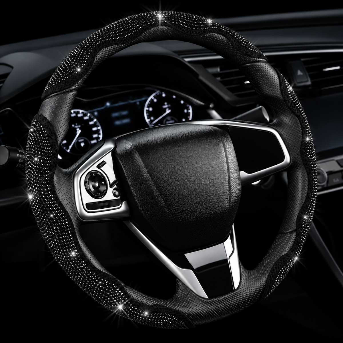 Sparkly Crystal Carbon Fiber Steering Wheel Protection Set