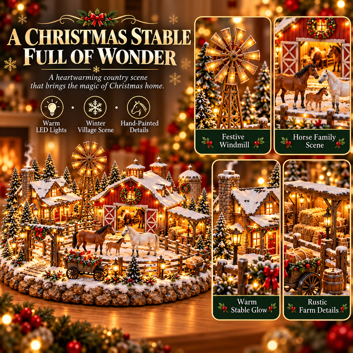 Christmas Horse Stable Village Lighted Equestrian Holiday Scene