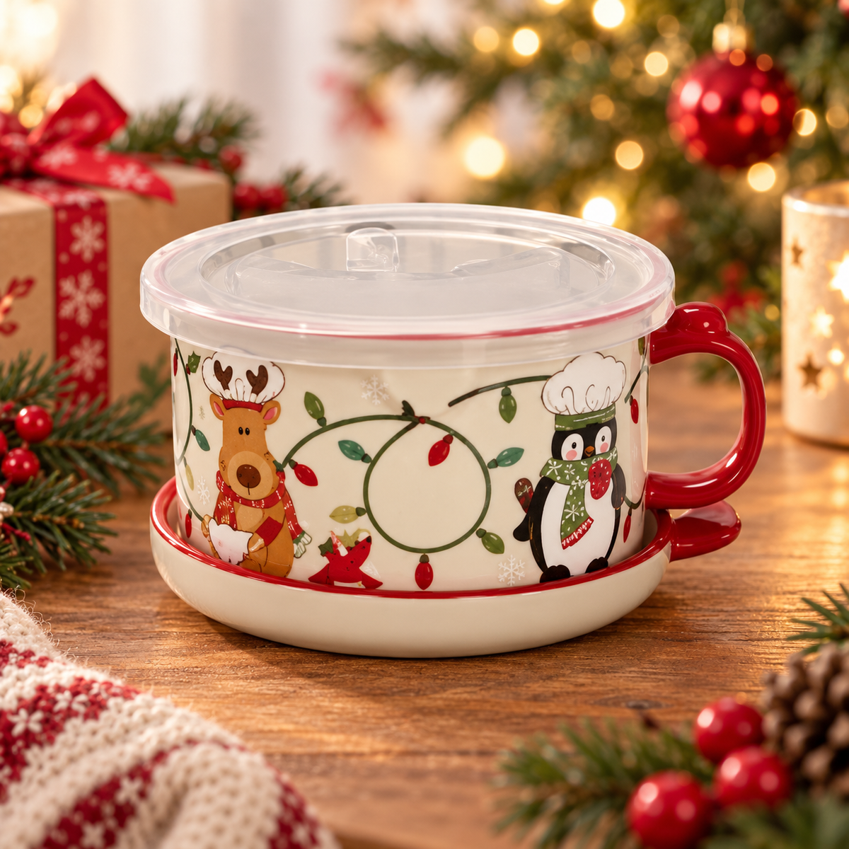 Cute Christmas Vintage Cartoon Ceramic Mug Cozy Holiday Coffee & Tea Cup, Adorable Retro Gift for Christmas