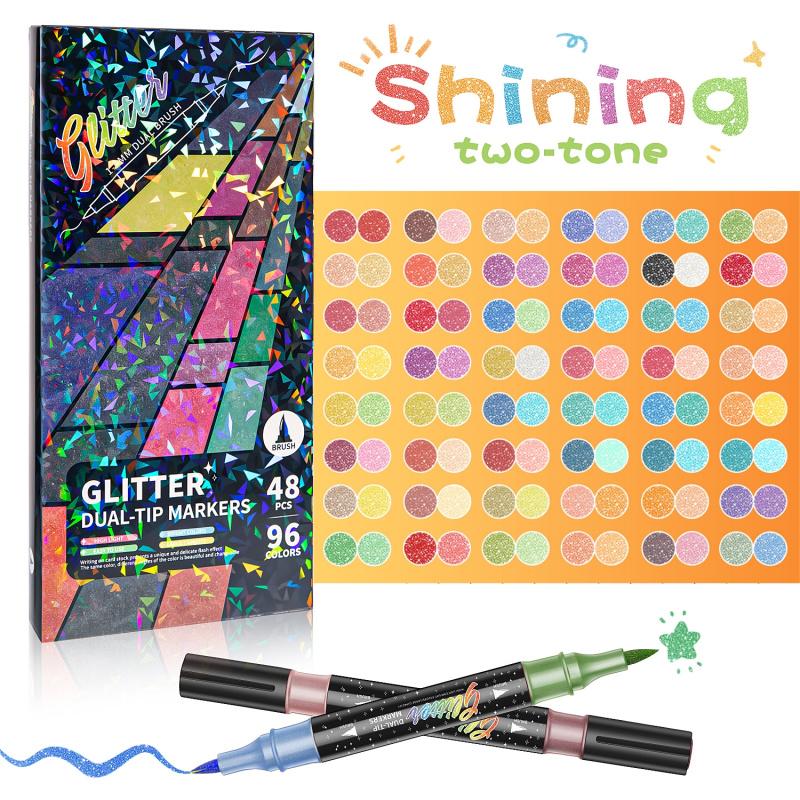 Glitter Effect Brush Markers: Create Sparkling Art Smoothly ( 24-96 Colors | Smooth No Clog | No Bleed Through )