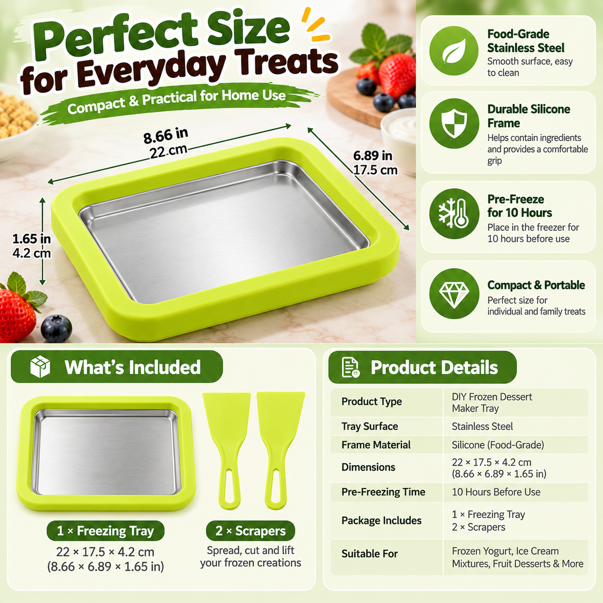 DIY Ice Cream & Frozen Yogurt Maker Pre-Freeze Stainless Steel Tray with Scrapers