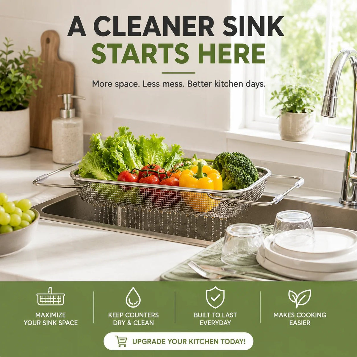 Expandable Over-the-Sink Colander Basket Wash, Drain & Dry with Ease