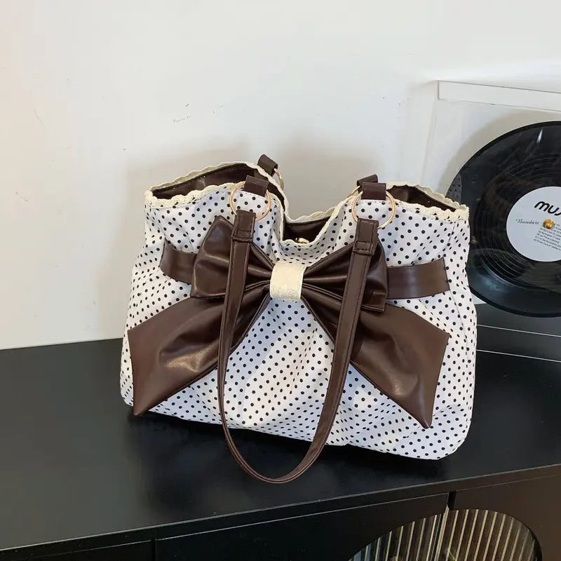 Women's Casual Shoulder Tote Polka Dot Print, Big Bow Detail, Large Capacity for Gym & Outdoors