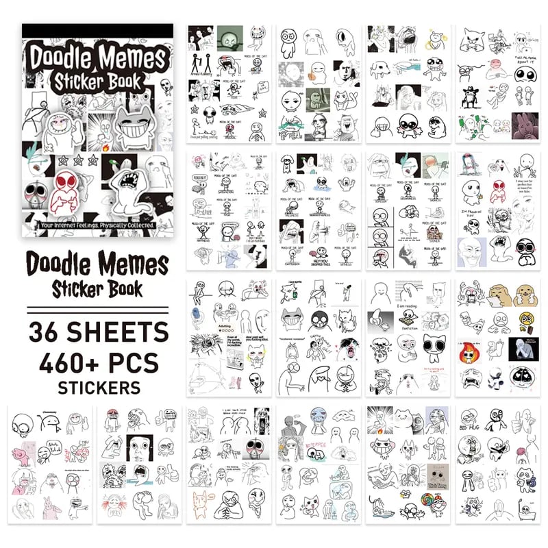 ✨Doodle Meme Sticker Book - 460 Hand Drawn Stickers for Journaling Express Your Mood & Internet Vibes