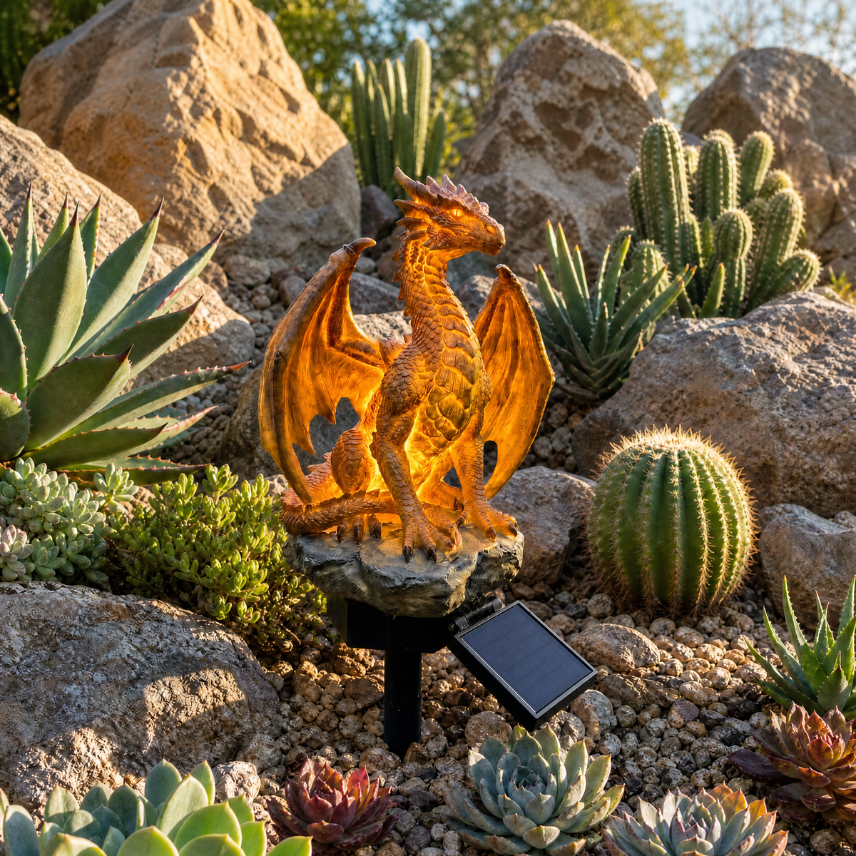šGolden Ember Solar Dragon Outdoor Statue Light, Fantasy Garden Decor