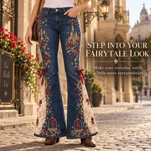 Enchanted Rose High-Waisted Lace Panel Flare Jeans