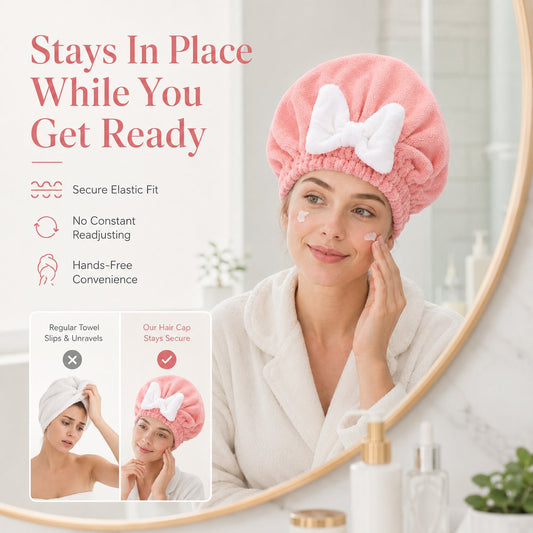 Women's Bow Decor Shower Caps & Hair Drying Cap Set, Soft Ultra-Absorbent Reusable Hair Towel Wrap
