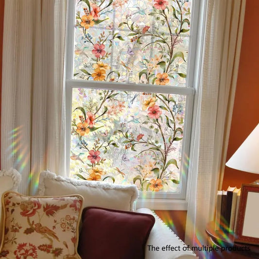 Floral Stained Glass Window Film UV Blocking Soft Privacy Rainbow Light Effect