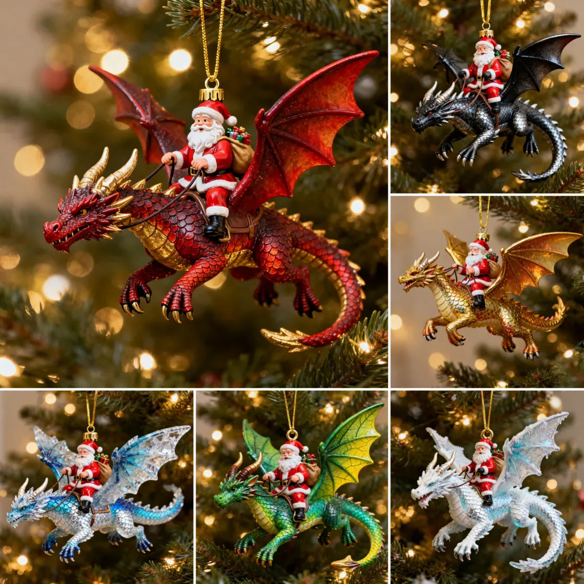 š
Santa Riding Dragon Christmas Ornaments ā 6-Piece Fantasy Collectible Set