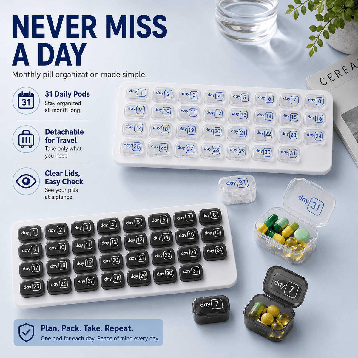 31-Day Pill Organizer Tray Monthly Medication & Vitamin Tracker for Daily Wellness
