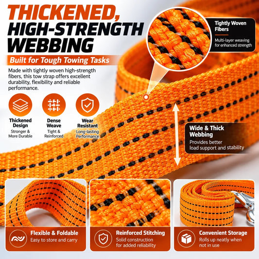 Heavy-Duty Tow Strap with Metal Hooks Thickened High-Strength Vehicle Towing Rope