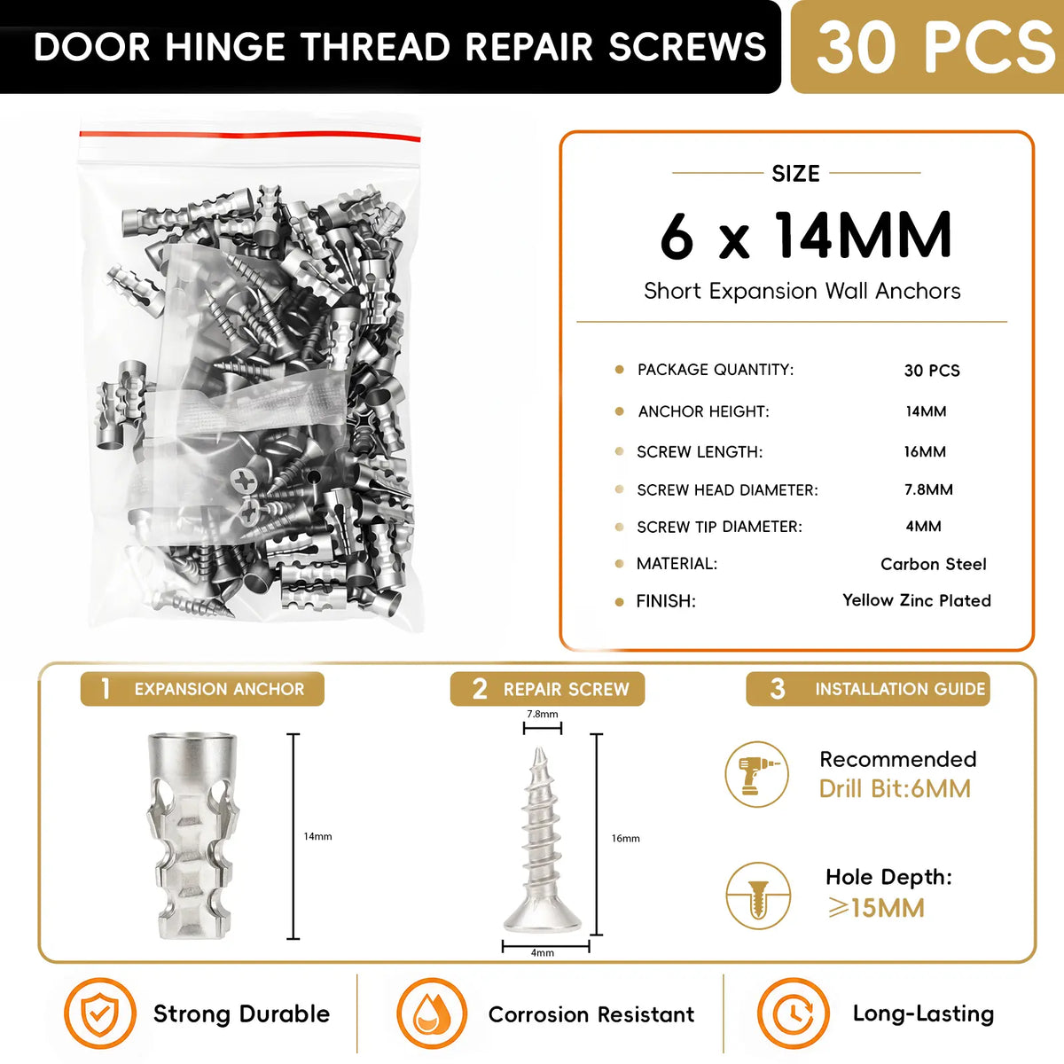 6x14mm Short Expansion Wall Anchors for Cabinet Hinge Repair