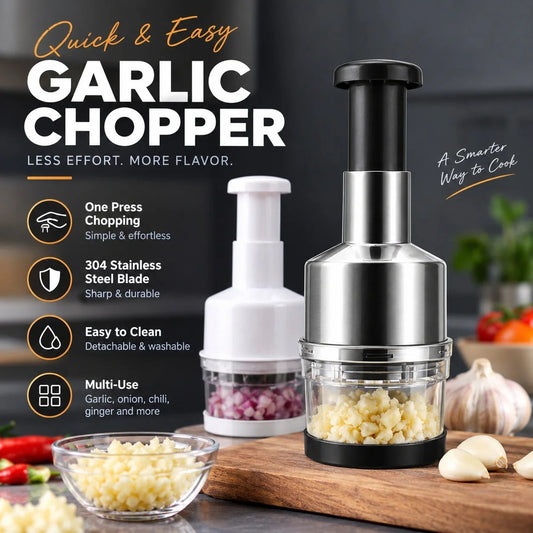One-Tap Garlic Chopper Stainless Steel Manual Food Cutter for Effortless Cooking