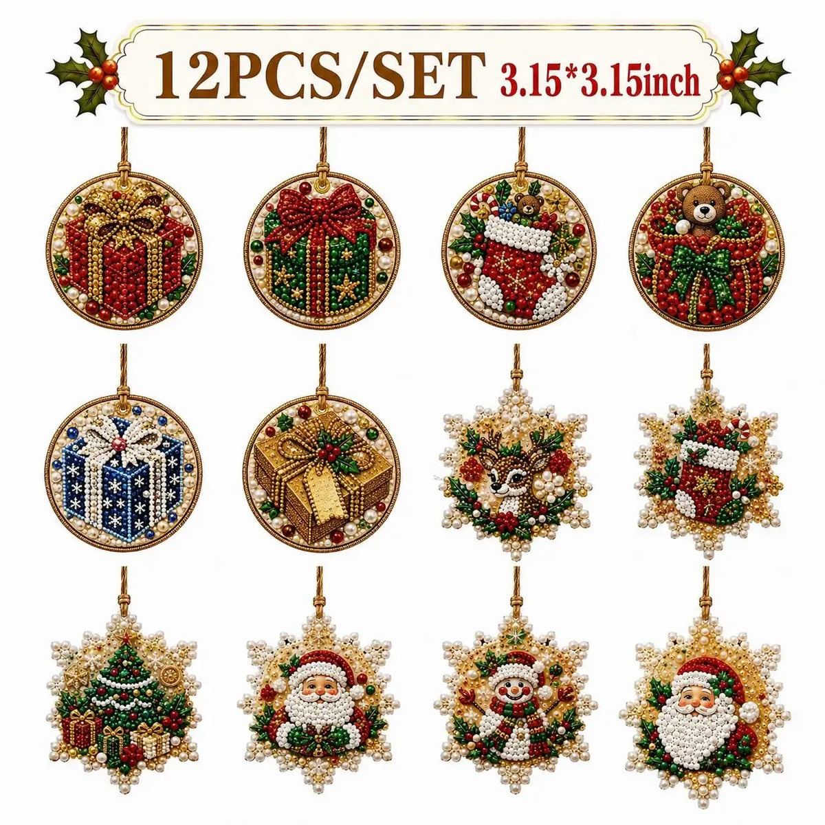6Pcs/12Pcs Christmas DIY Diamond Painting Ornaments Kit, Xmas Tree Hanging Pendant