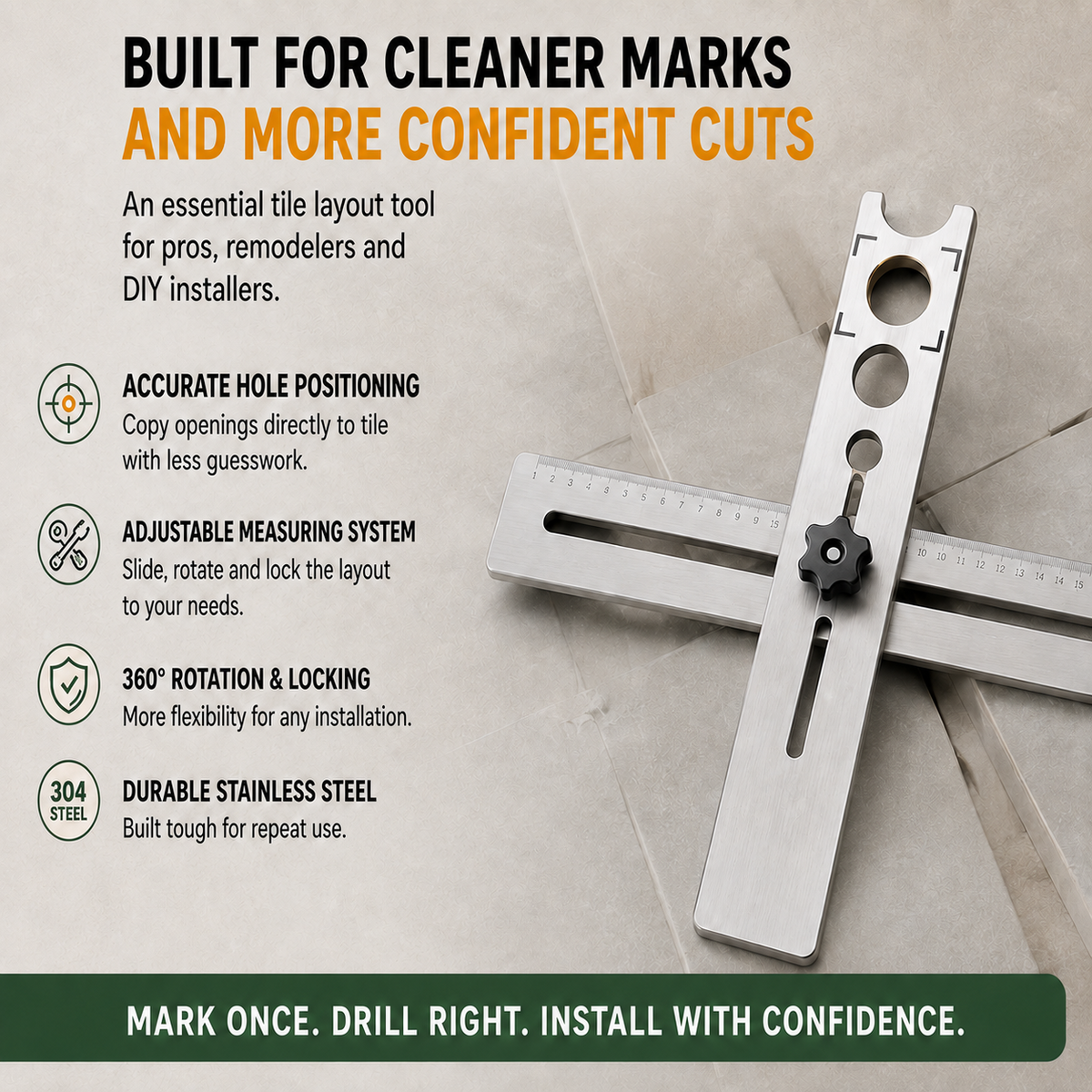Stainless Steel Tile Positioning Ruler Adjustable Drill Guide & Measuring Tool for Ceramic, Marble & Wall Tile