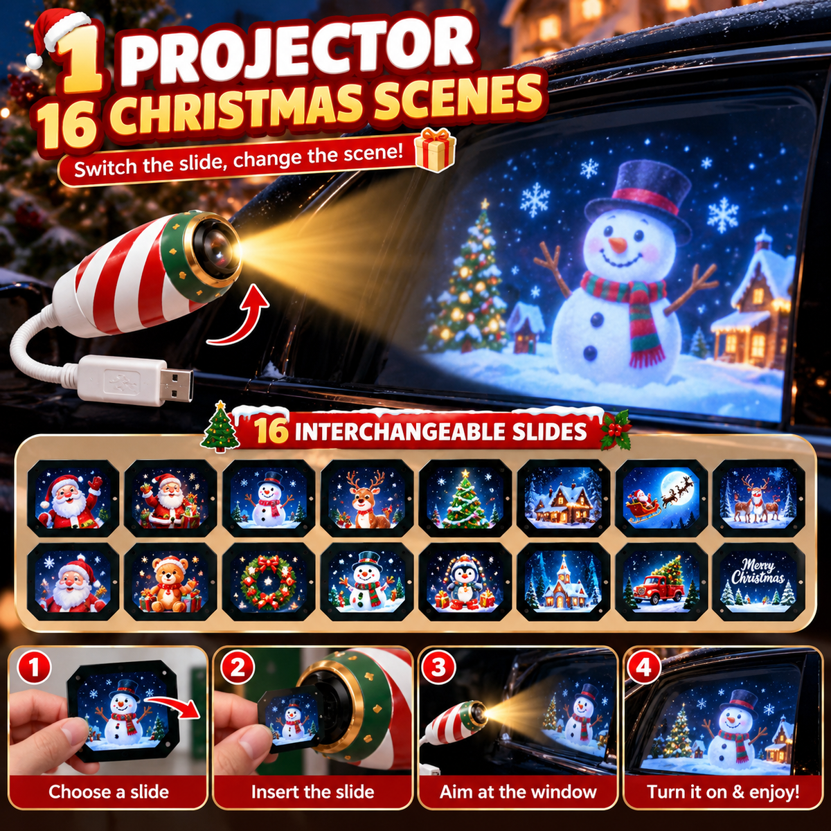 π 16-Scene Christmas Car Window Projector β 1 Projector + 16 Interchangeable Slides