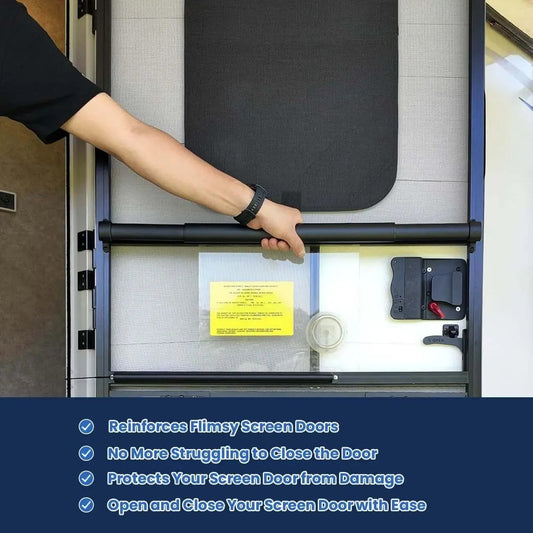 All Aluminum RV Screen Door Handle Bar Adjustable Telescopic Crossbar for Flimsy Doors Preassembled & Easy Setup Camper