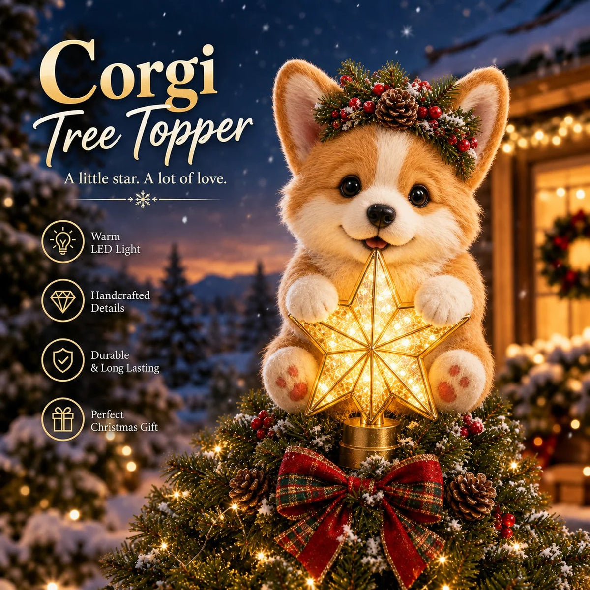 Christmas Glow Pup Tree Topper Light-Up Holiday Dog Tree Topper