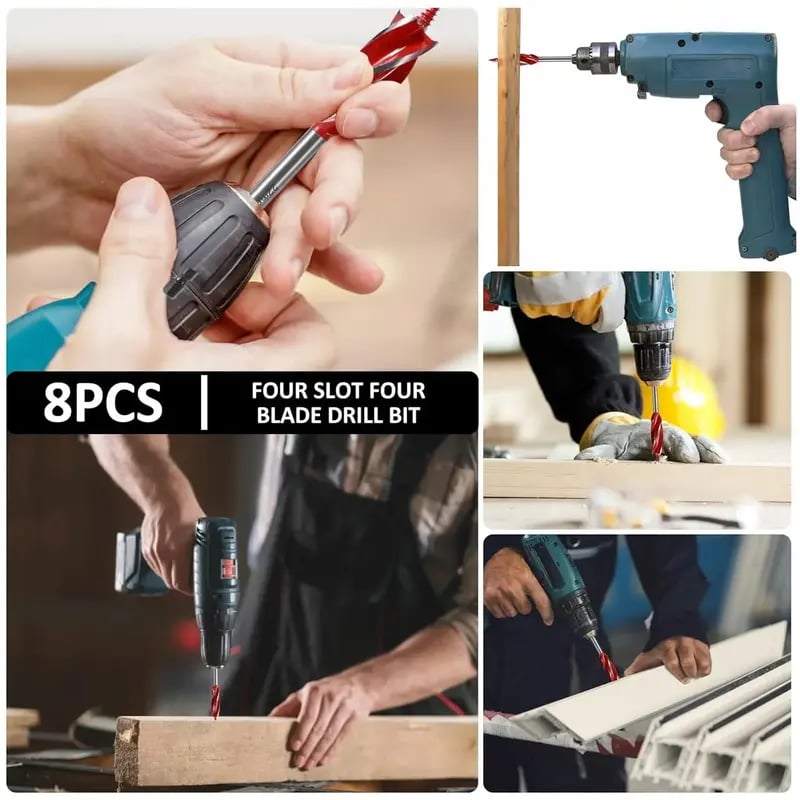 8PCS High Carbon Steel Wood Drill Bits Set, 4-Flute Hex Shank Wood Boring Bits 10-25mm for Timber Plastic Drilling