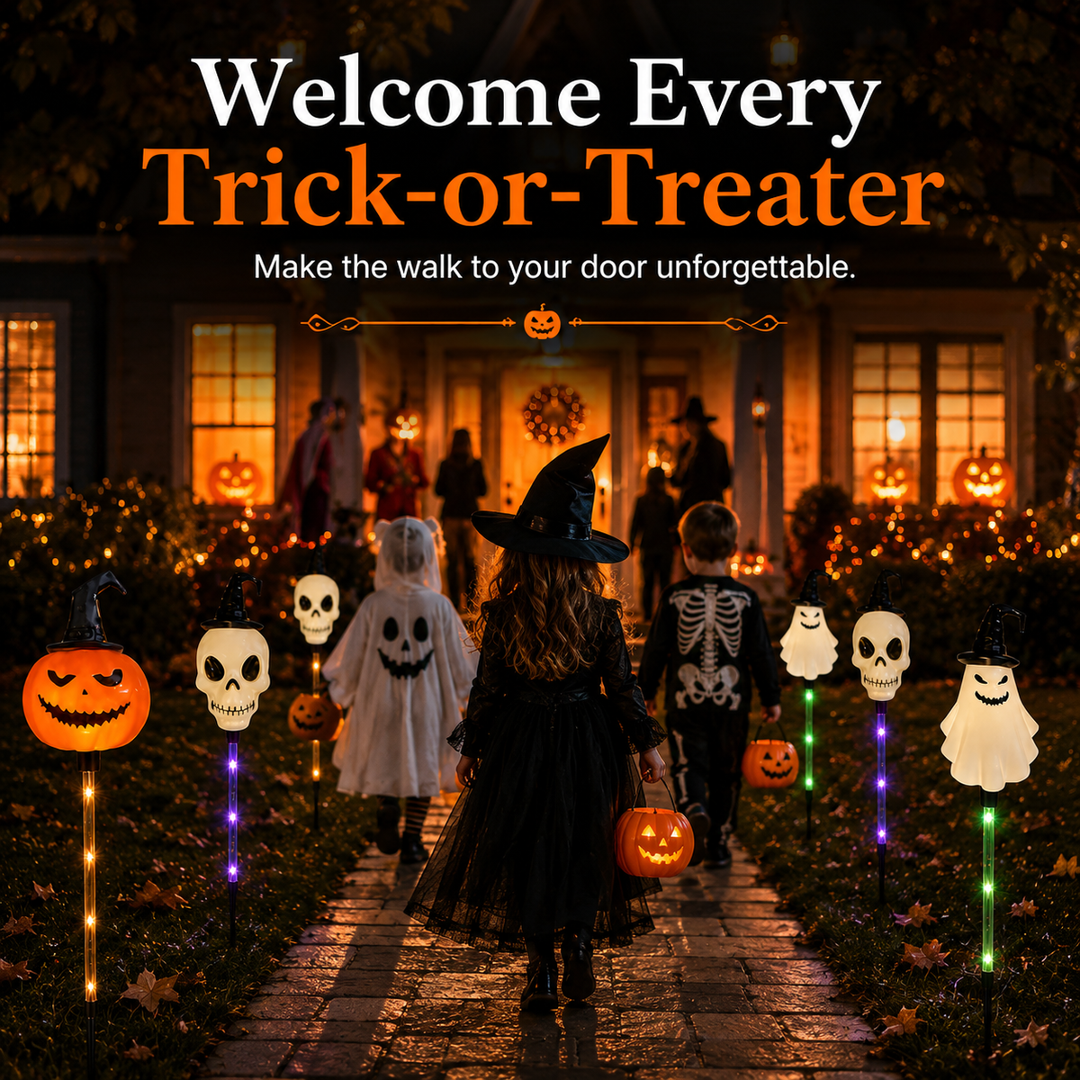 Solar Halloween Pathway Stake Lights with Pumpkins, Ghosts & Skulls
