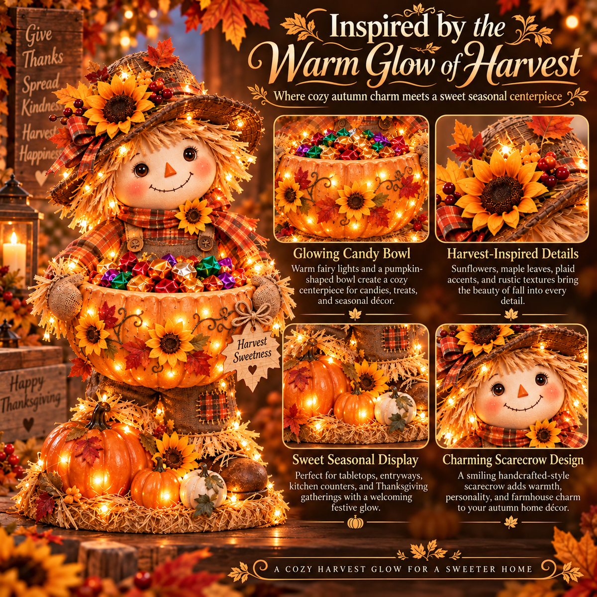 Harvest Glow Lighted Scarecrow Candy Bowl