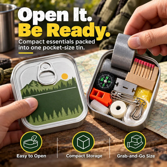 Pocket Survival Kit, Compact Emergency Essentials Tin with Multi-Tool Accessories