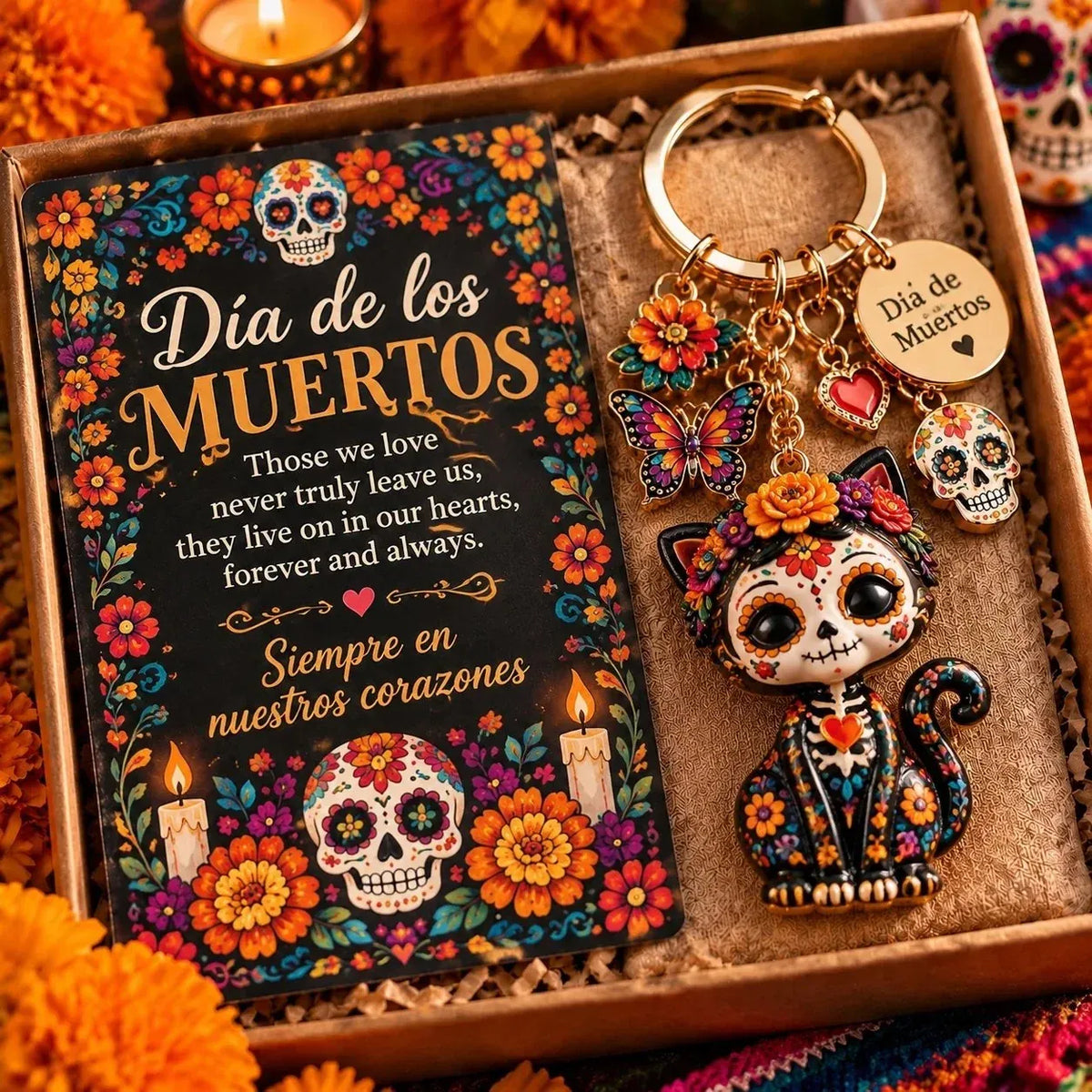 D a de Muertos Charm Keychain | 4 Colorful Floral & Skull-Inspired Styles