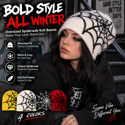 Oversized Spiderweb Knit Beanie Bold Contrast Streetwear Winter Hat