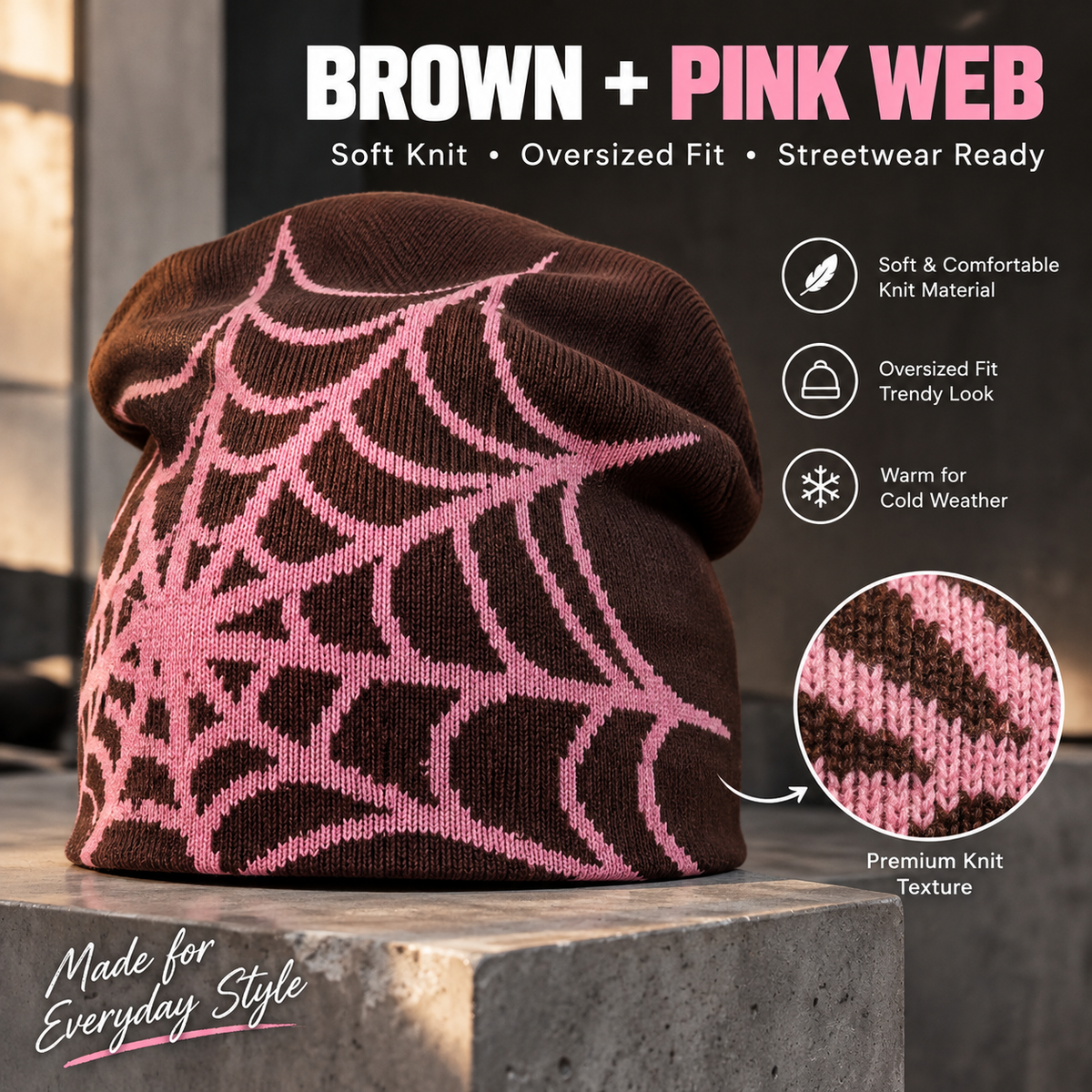 Oversized Spiderweb Knit Beanie Bold Contrast Streetwear Winter Hat